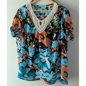 Passports by Chico Women's Blouse Size 1X Orange/Blue/Brown Floral Short Sleeved